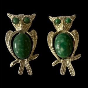 Gold-Tone Owl Pair of Brooches with Green Gem Accents